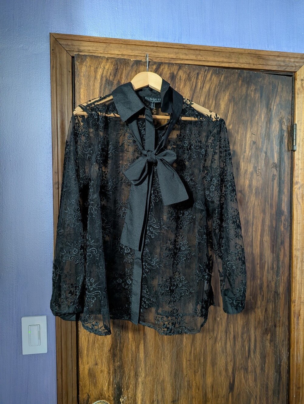 Floquet Black Sheer Bow-Tie Lace Blouse